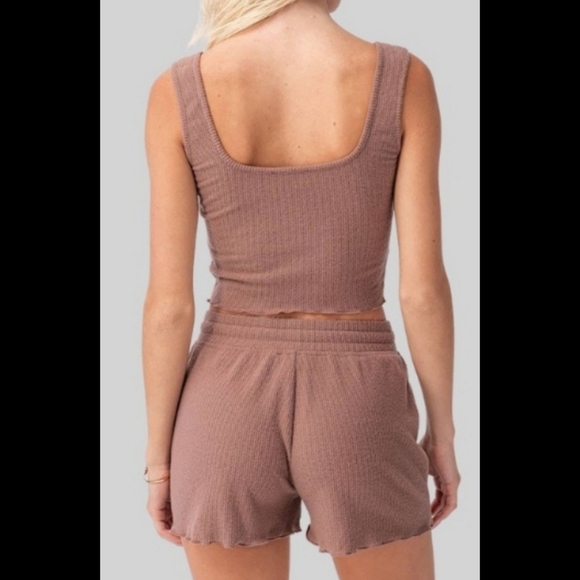 8 Soft seamless rib knit scoop neck tank top drawstring short lounge pajama set - Picture 3 of 4